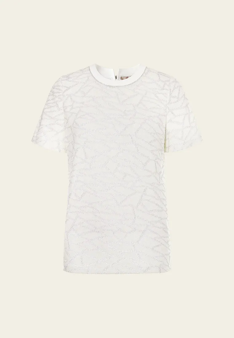 White Metallic Knit Short Sleeves Top