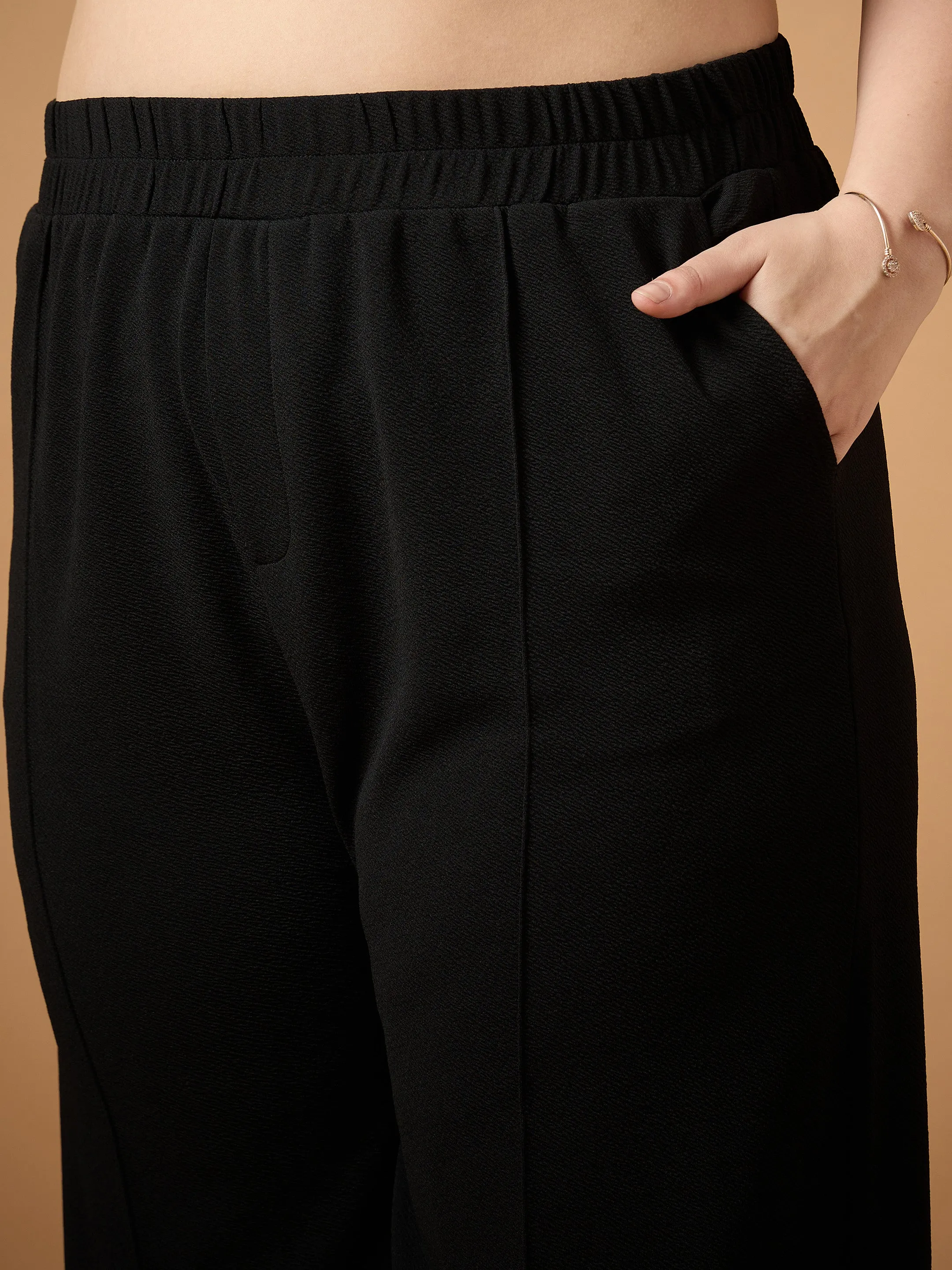 Women Black Collar Neck Top With Straight Pants