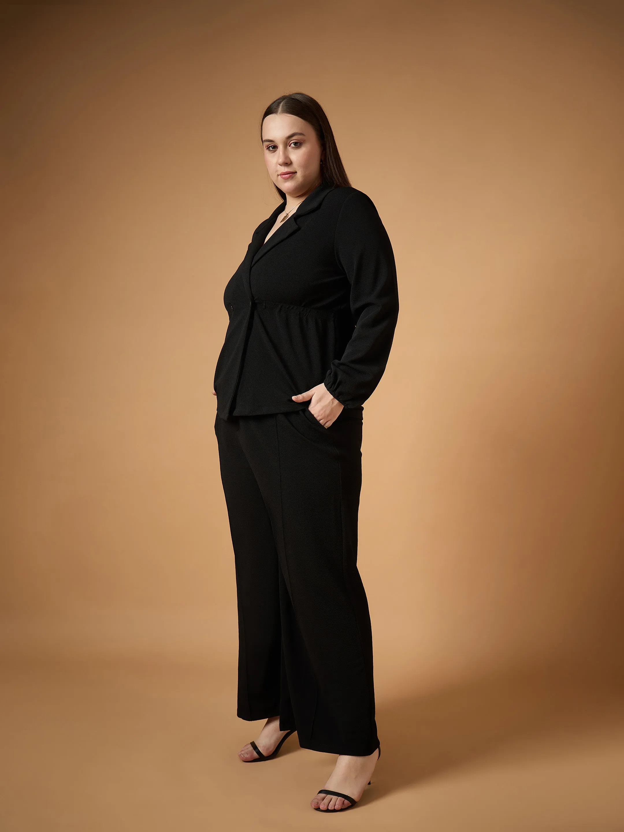 Women Black Collar Neck Top With Straight Pants