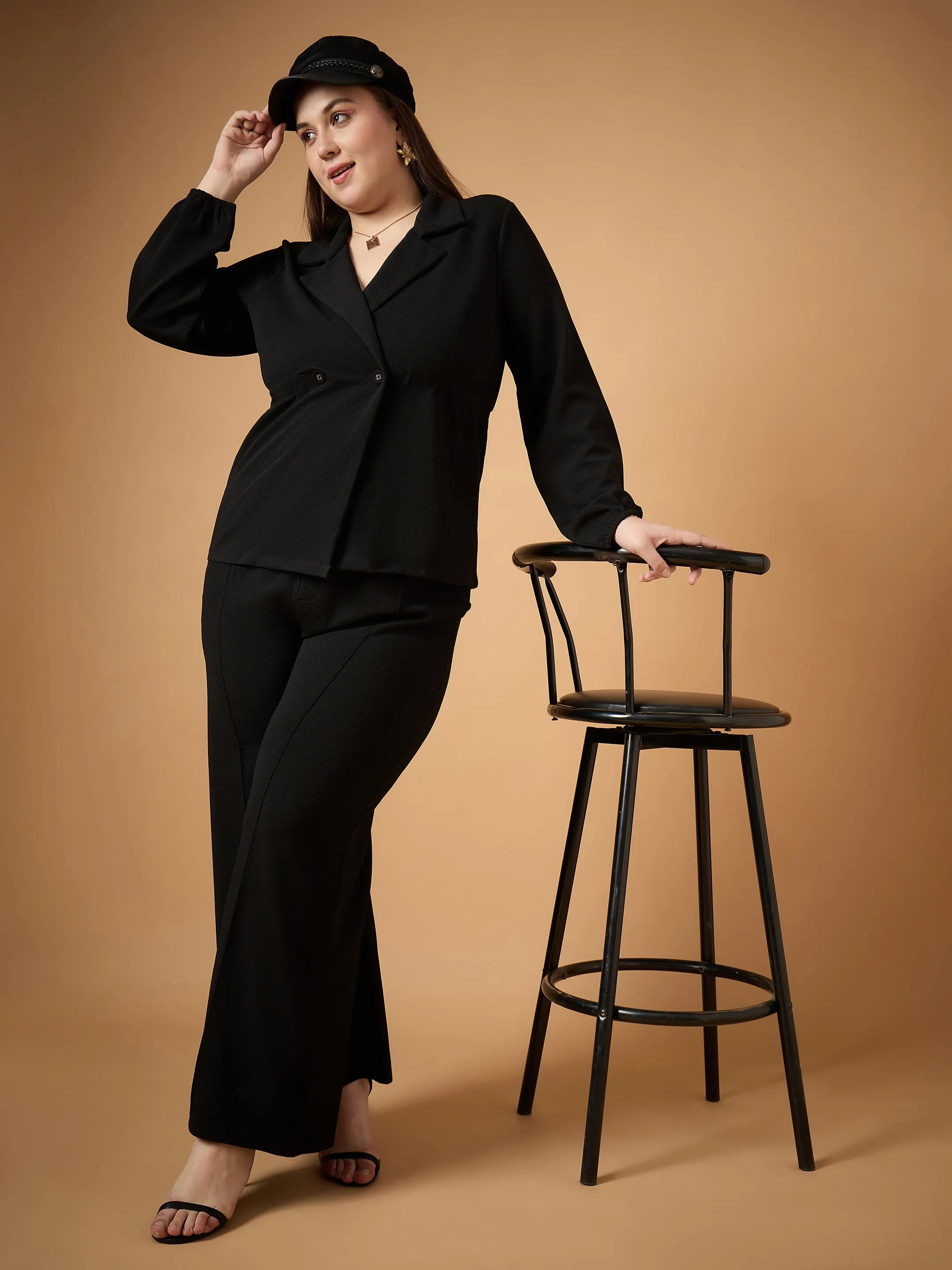 Women Black Collar Neck Top With Straight Pants