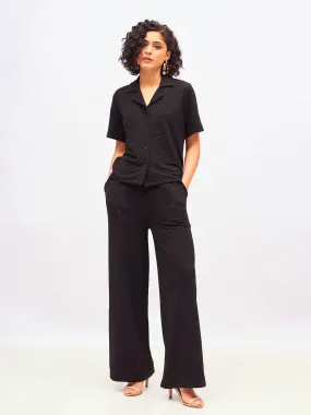 Women Black Knit Notch Collar Shirt With Darted Pants