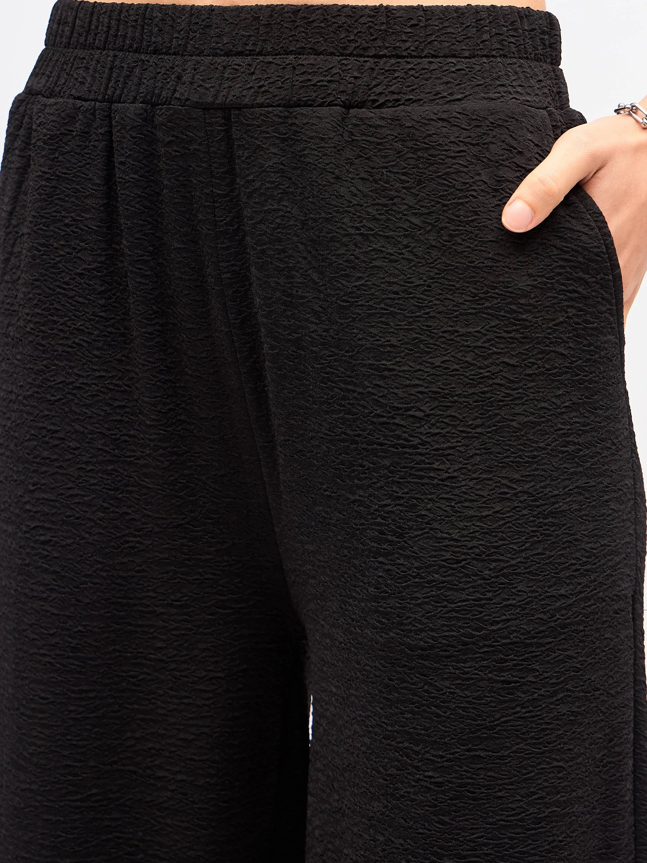 Women Black Knit Notch Collar Shirt With Darted Pants