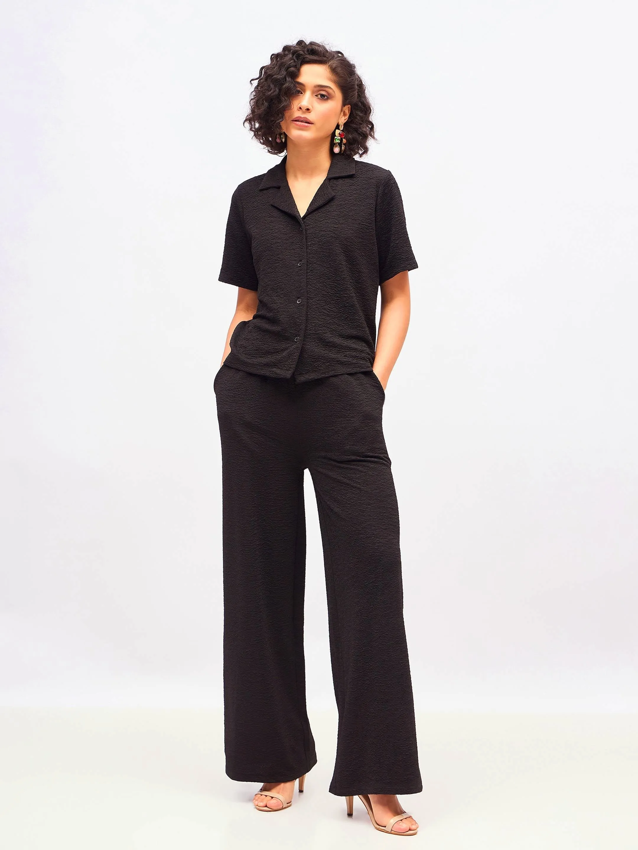 Women Black Knit Notch Collar Shirt With Darted Pants