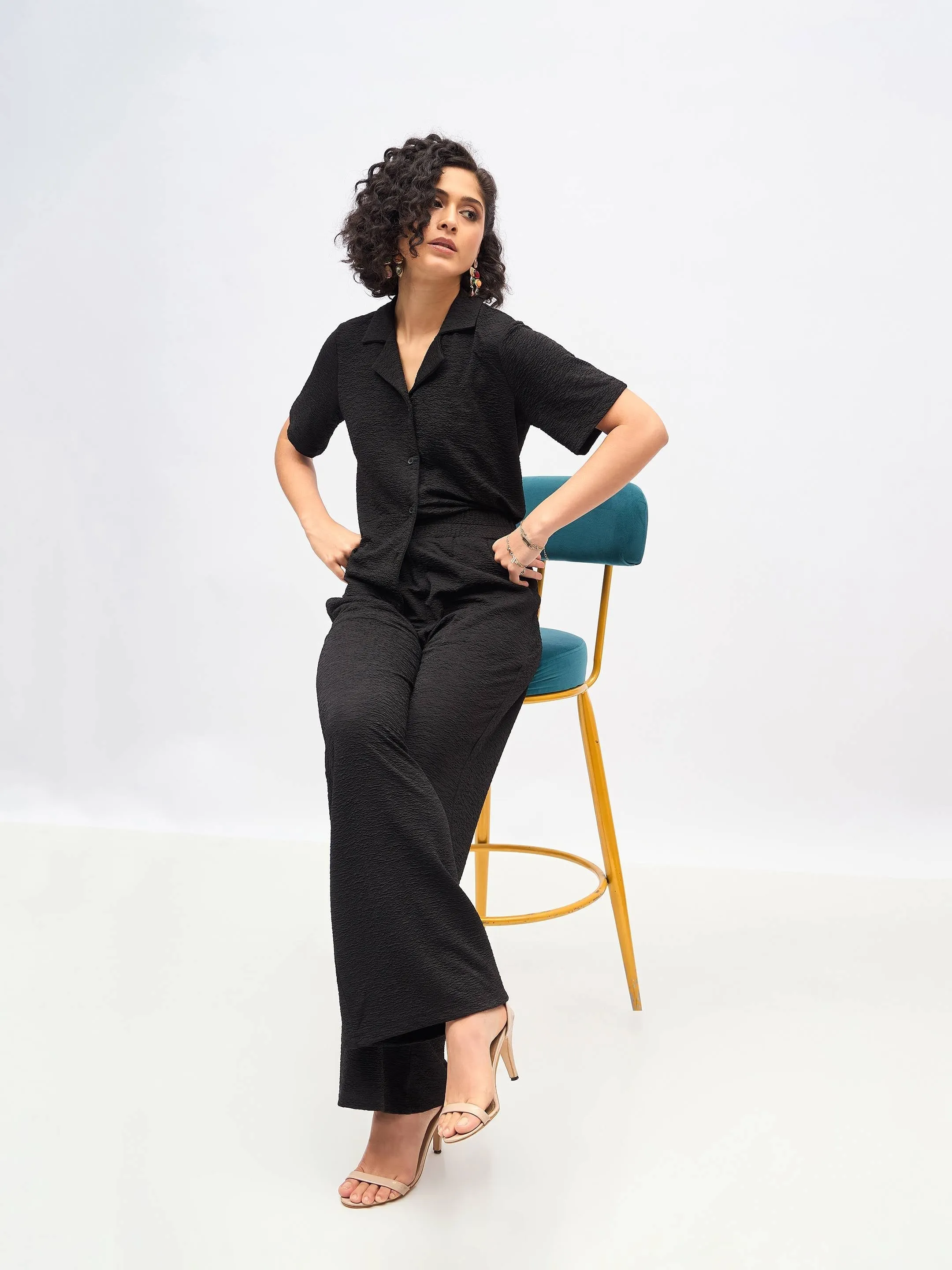 Women Black Knit Notch Collar Shirt With Darted Pants