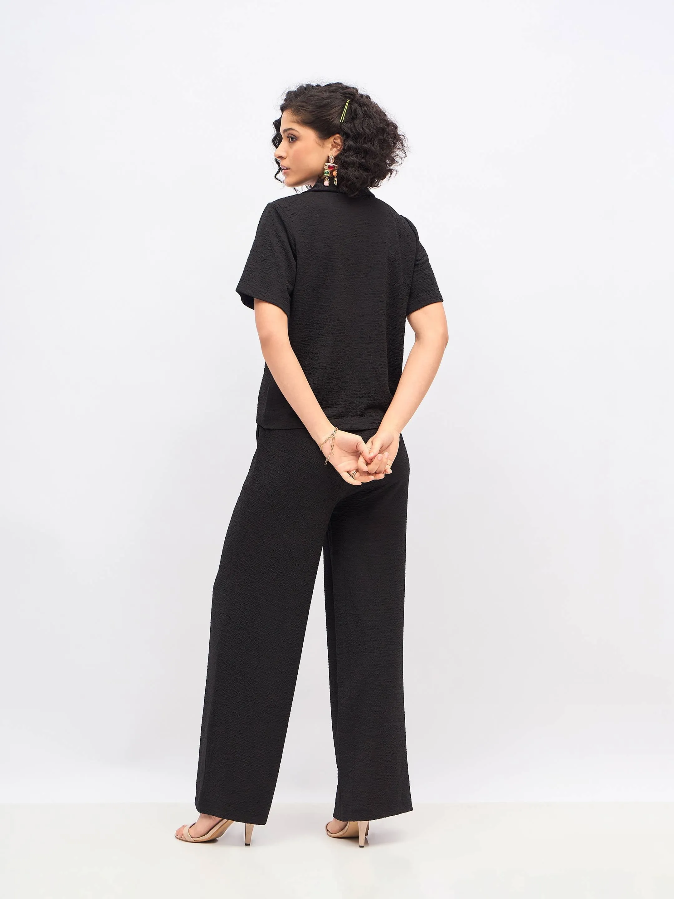 Women Black Knit Notch Collar Shirt With Darted Pants