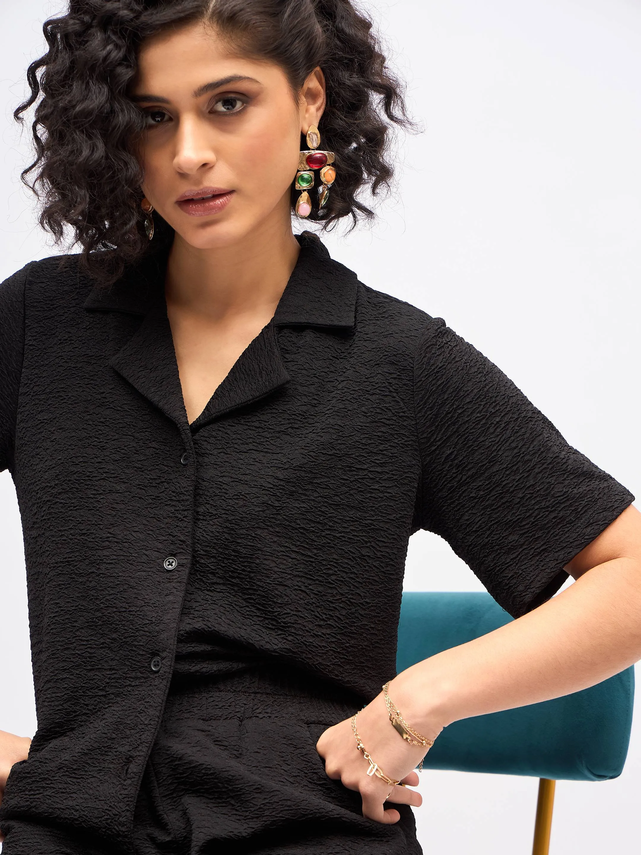 Women Black Knit Notch Collar Shirt With Darted Pants