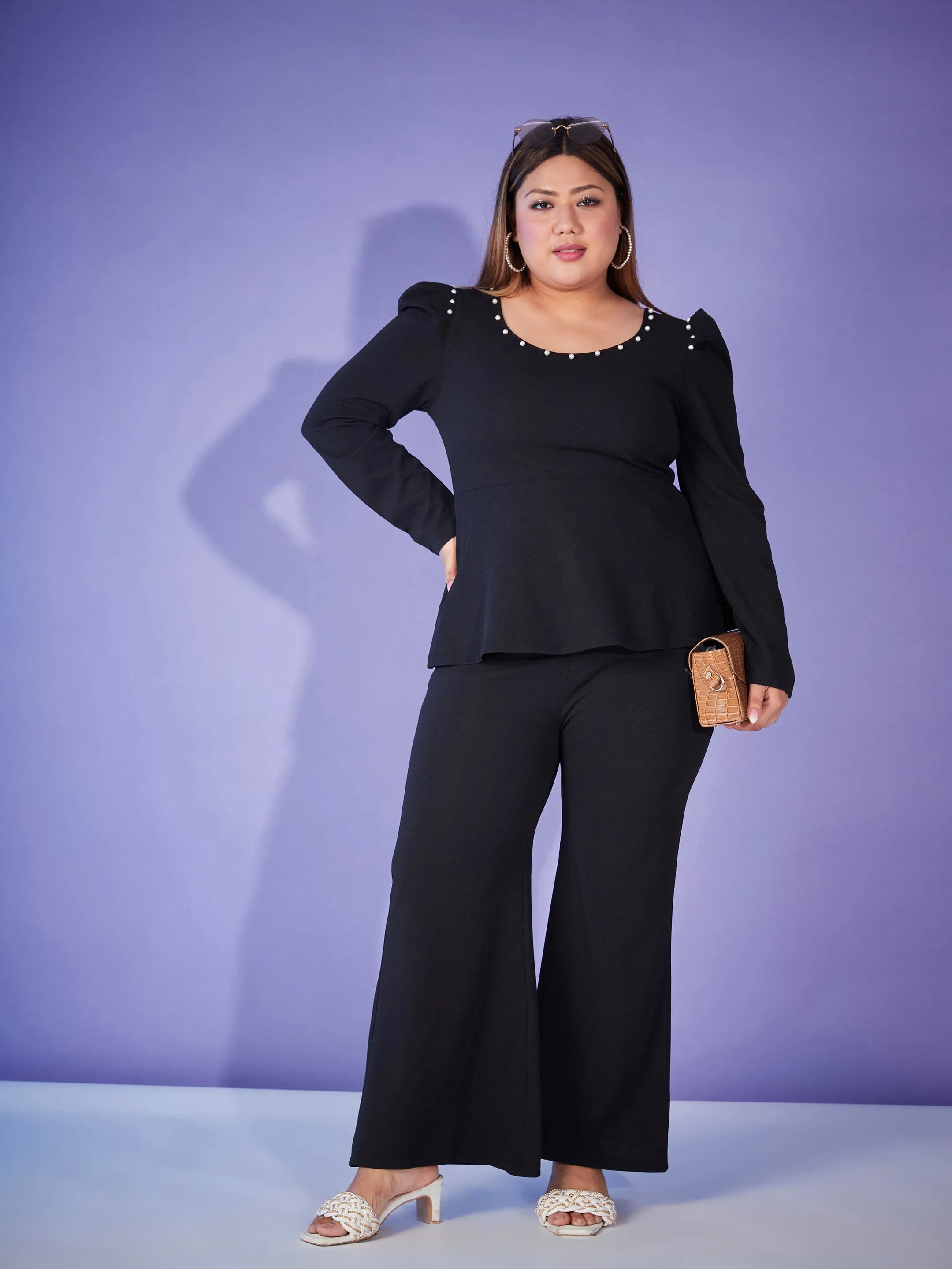 Women Black Pearl Peplum Top With Bell Bottom Pants
