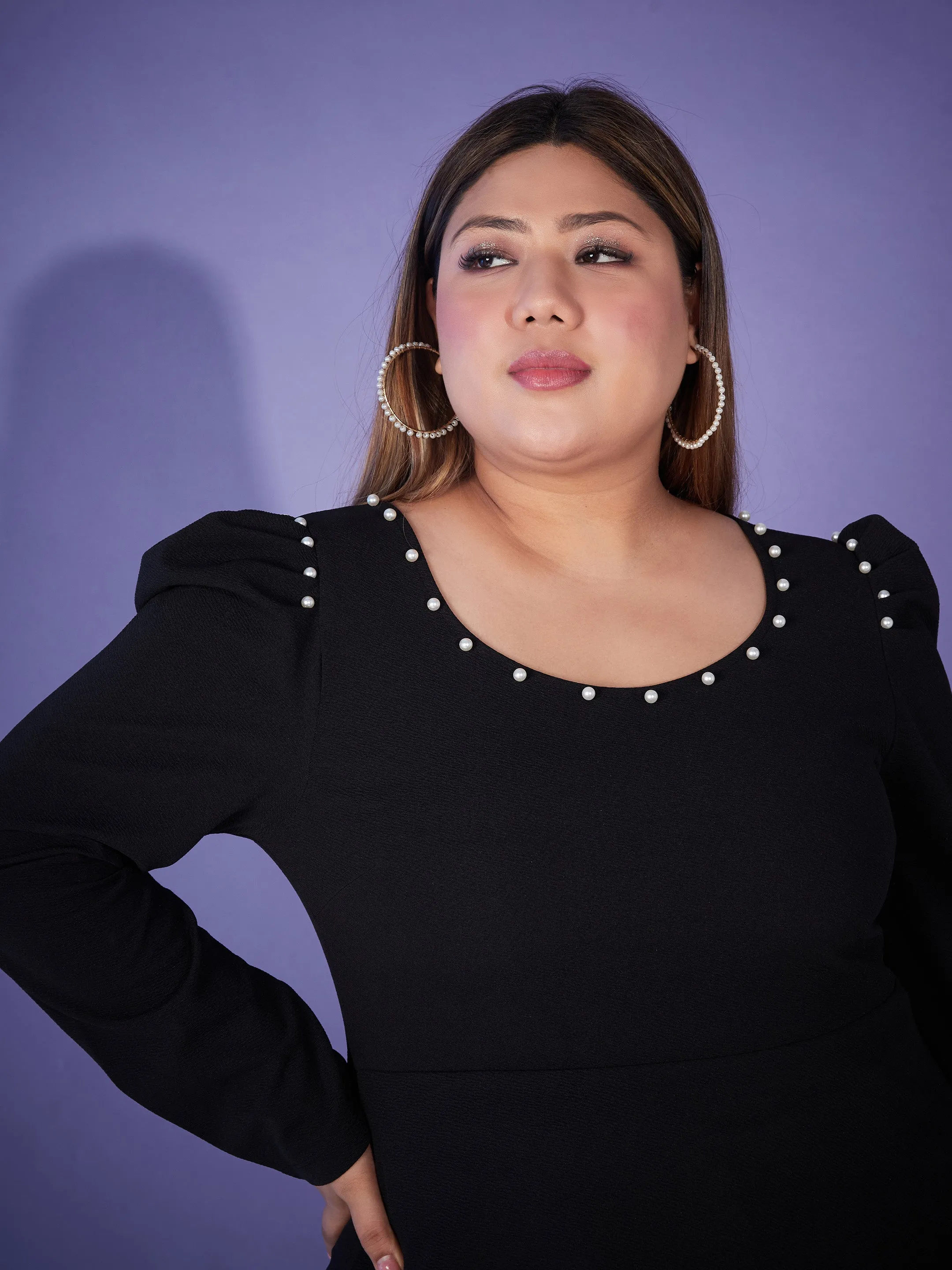 Women Black Pearl Peplum Top With Bell Bottom Pants