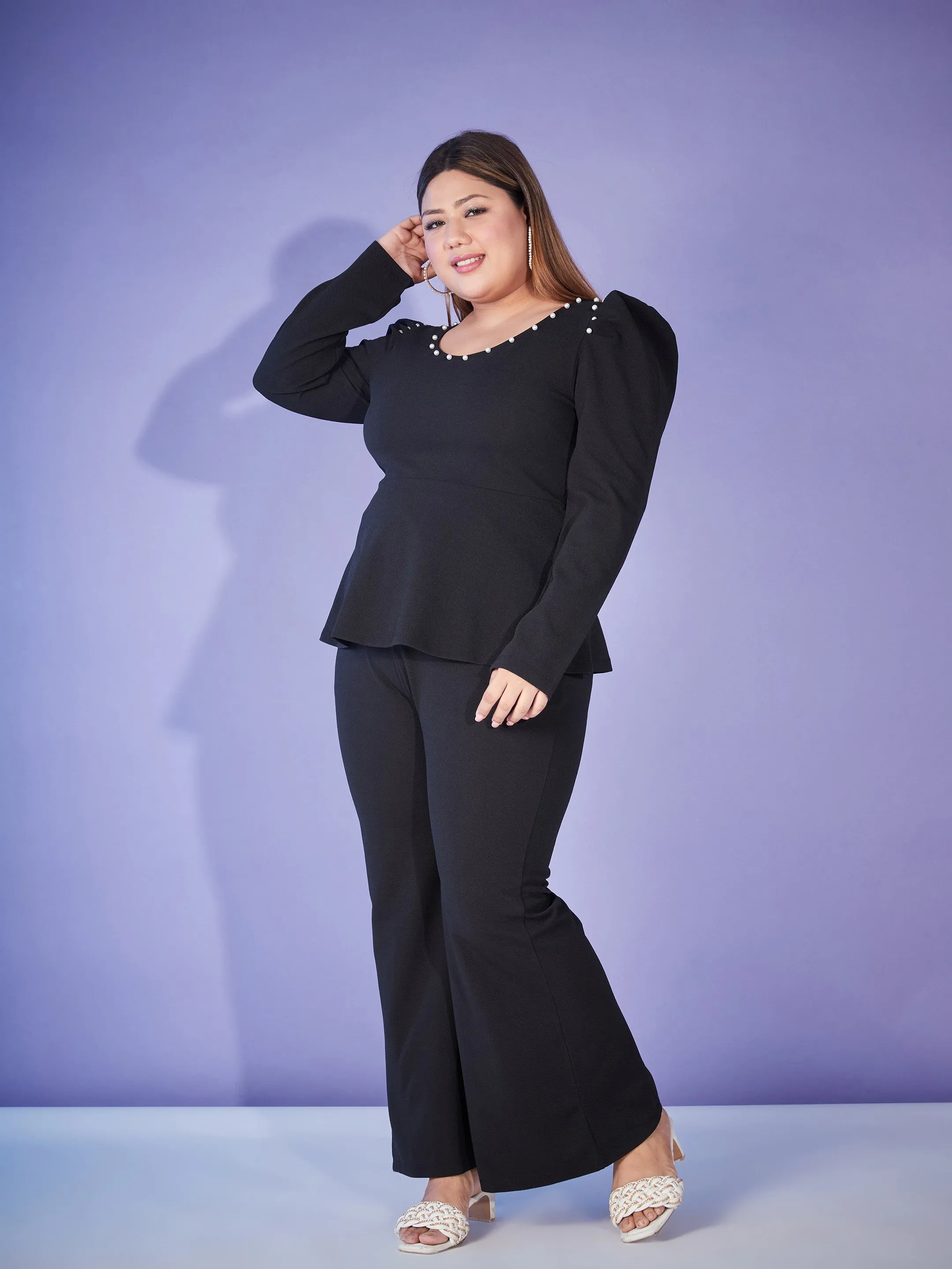 Women Black Pearl Peplum Top With Bell Bottom Pants