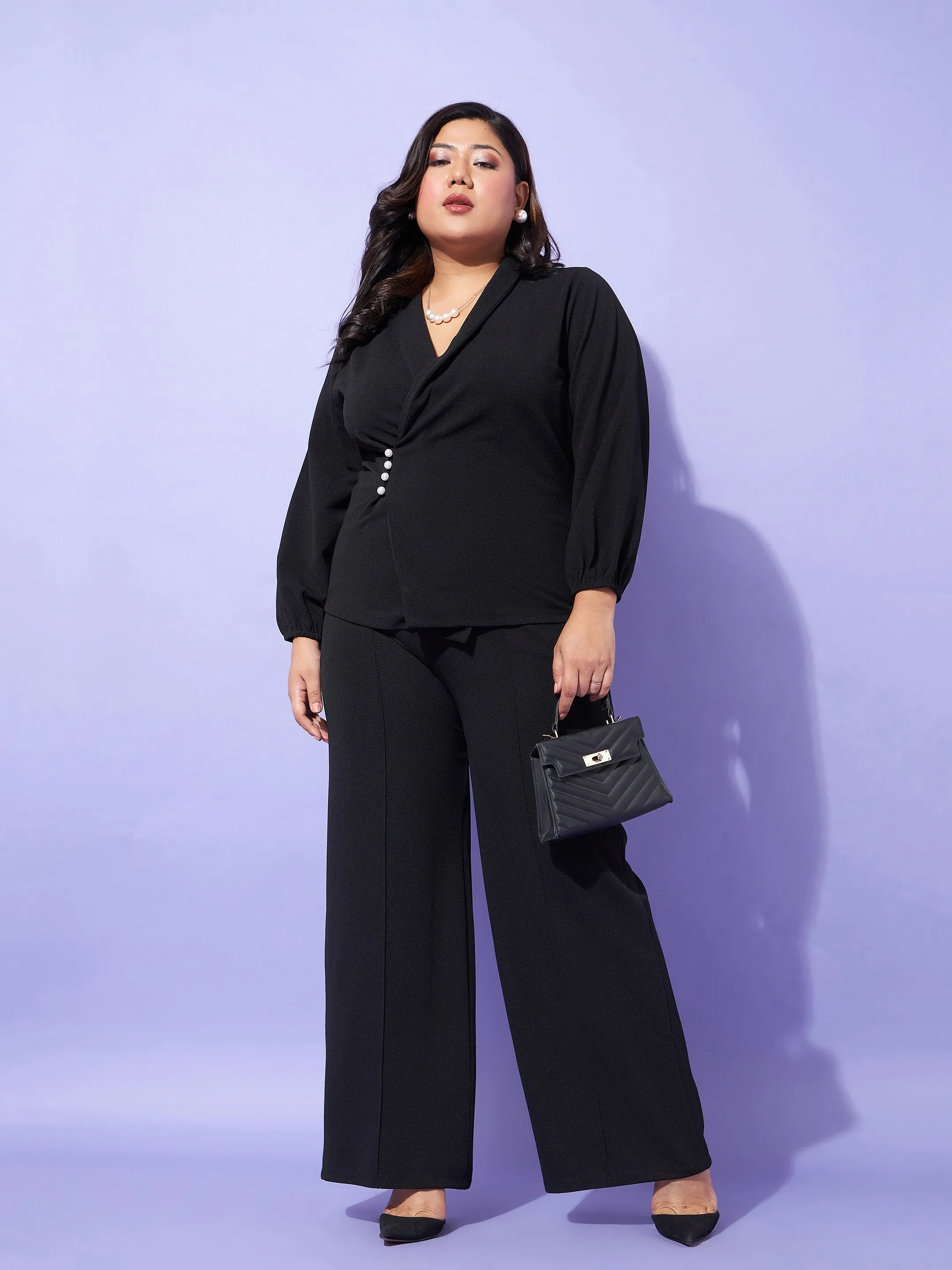 Women Black Wrap Top With Straight Pants