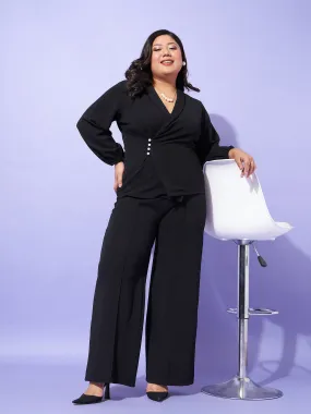 Women Black Wrap Top With Straight Pants