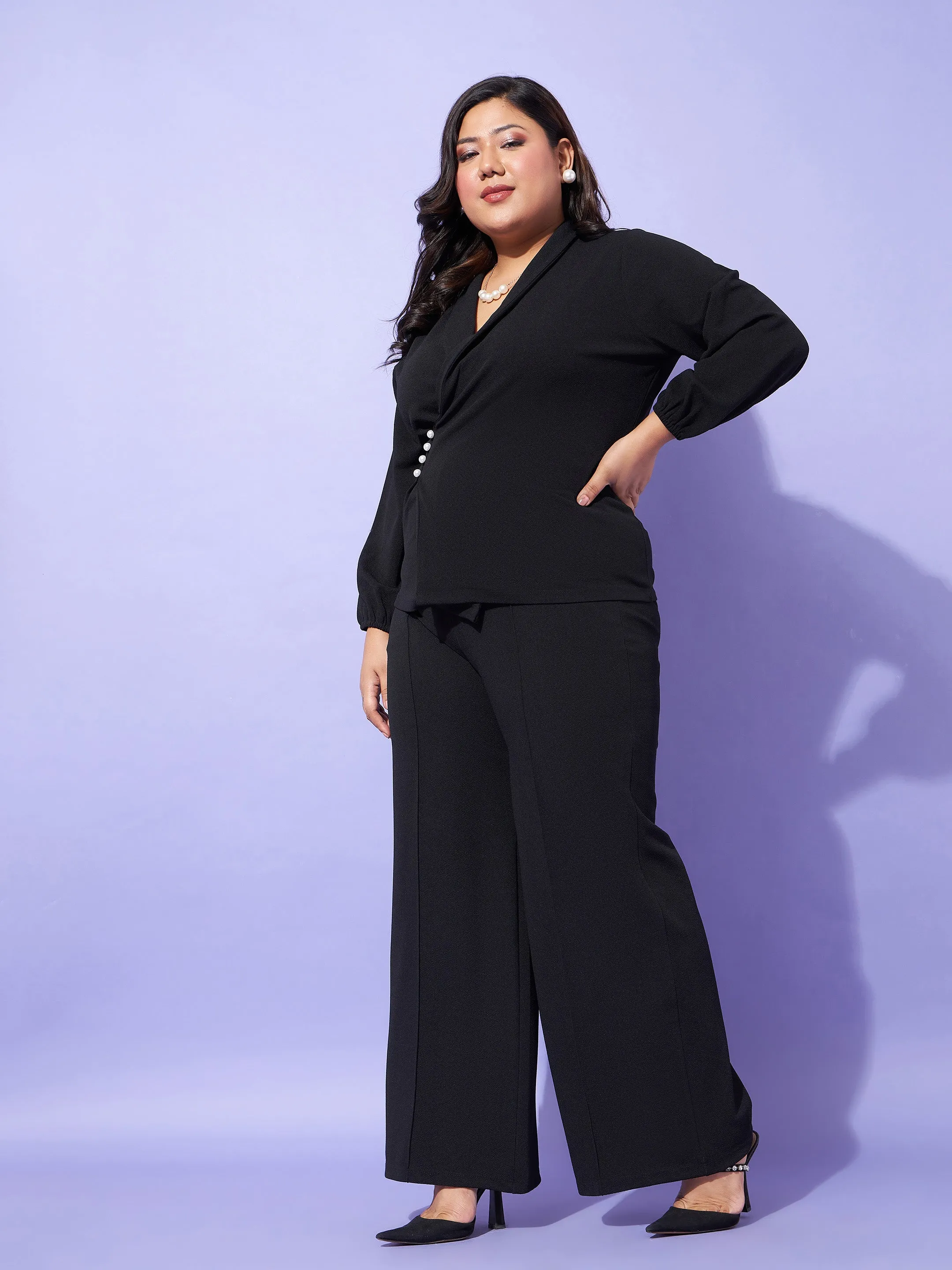 Women Black Wrap Top With Straight Pants