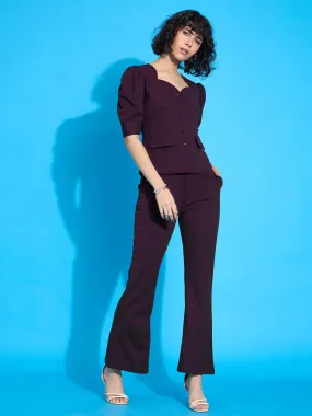 Women Burgundy Puff Sleeves Top With Bell Bottom Pants