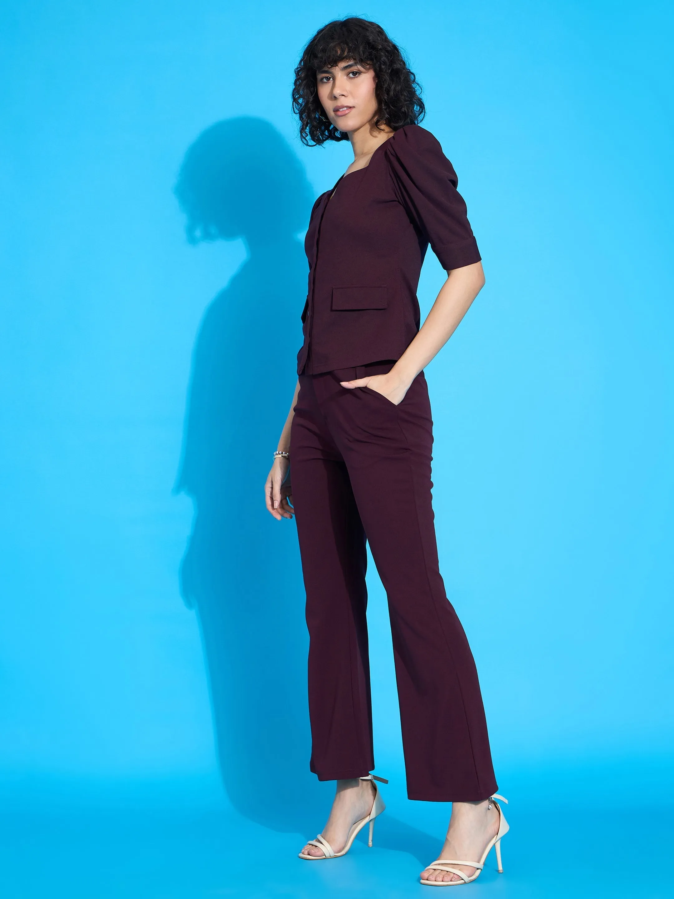 Women Burgundy Puff Sleeves Top With Bell Bottom Pants