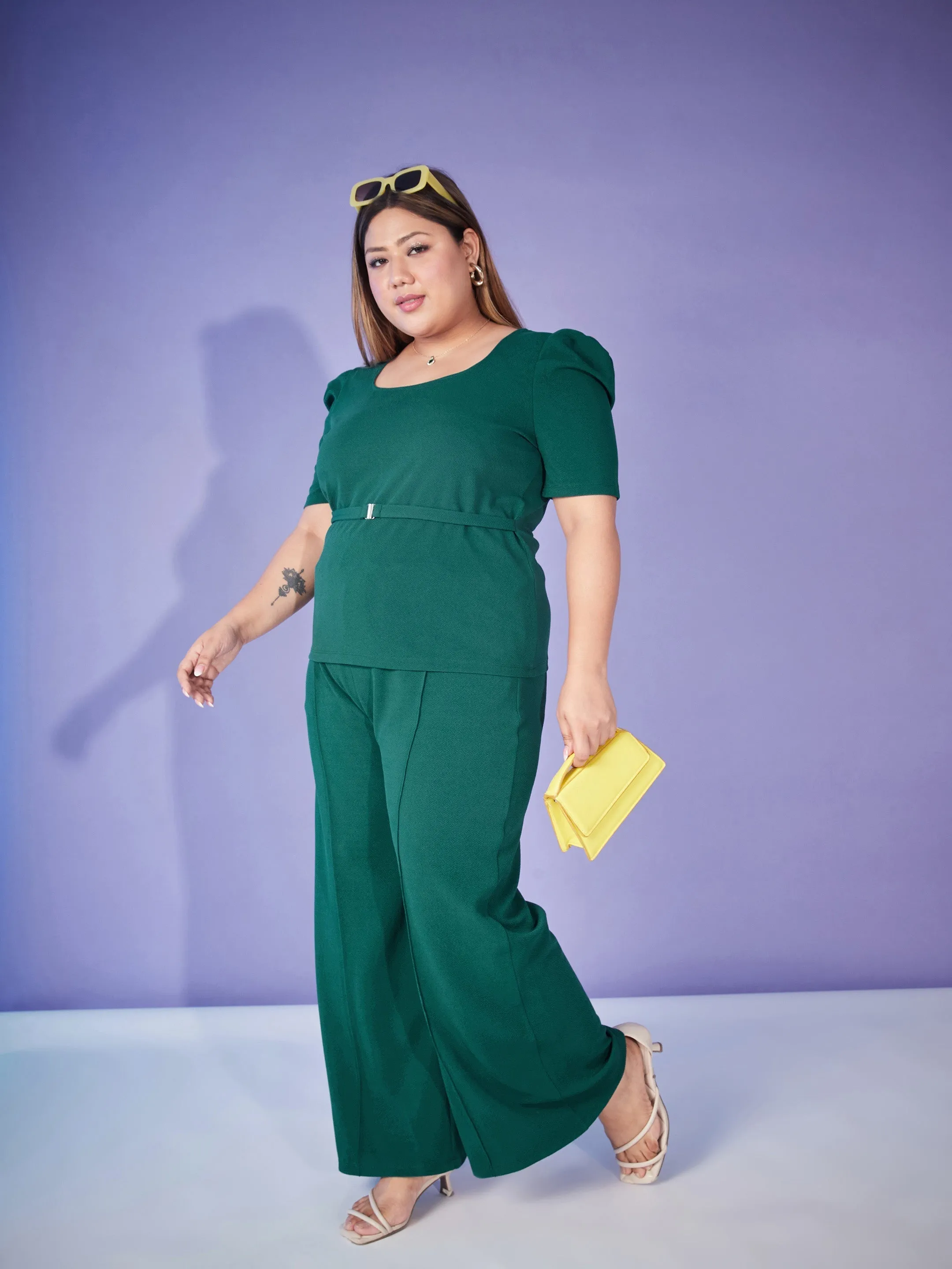 Women Emerald Belted Top With Bell Bottom Pants
