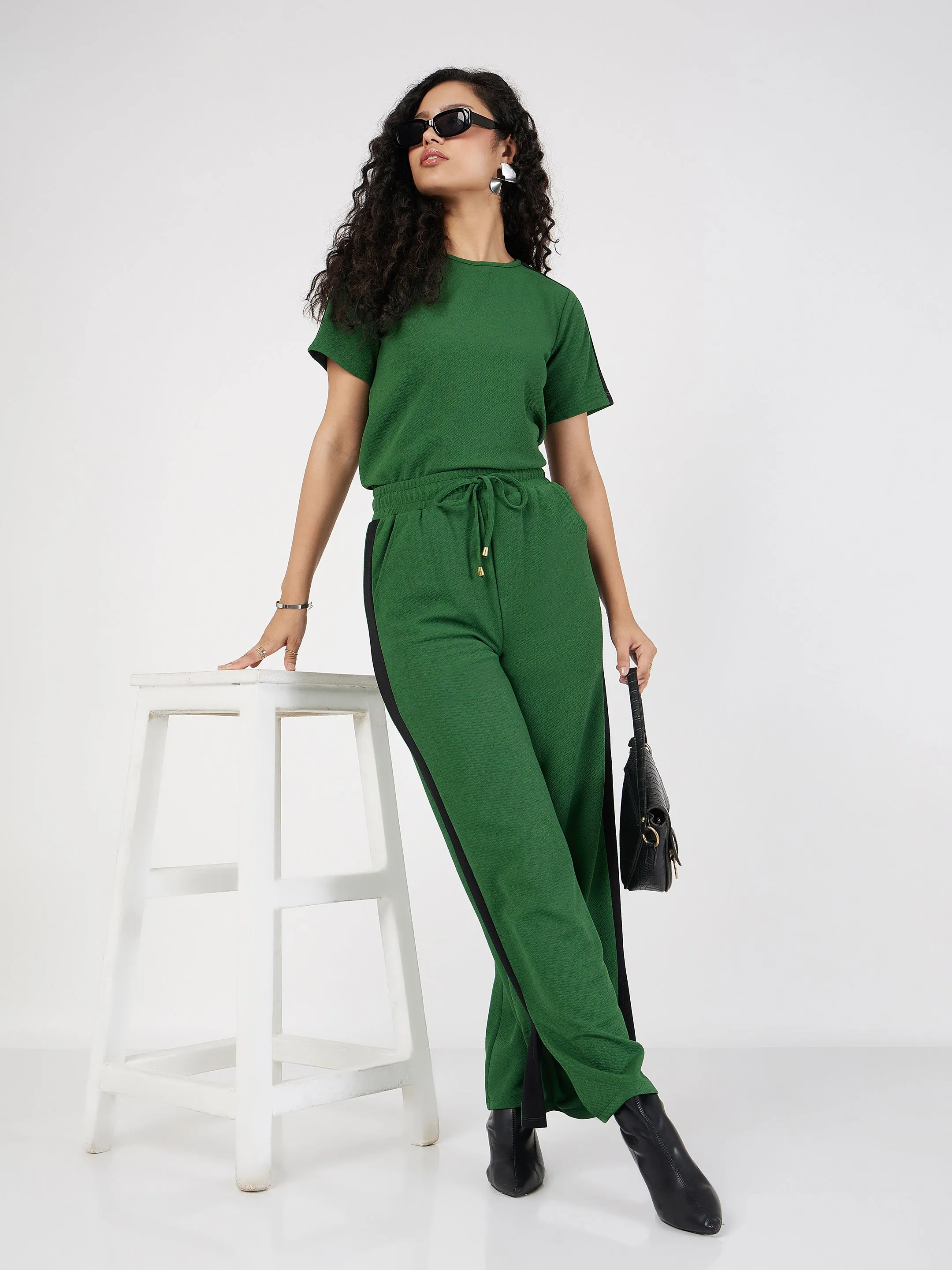 Women Green Contrast Tape T-shirt With Track Pants