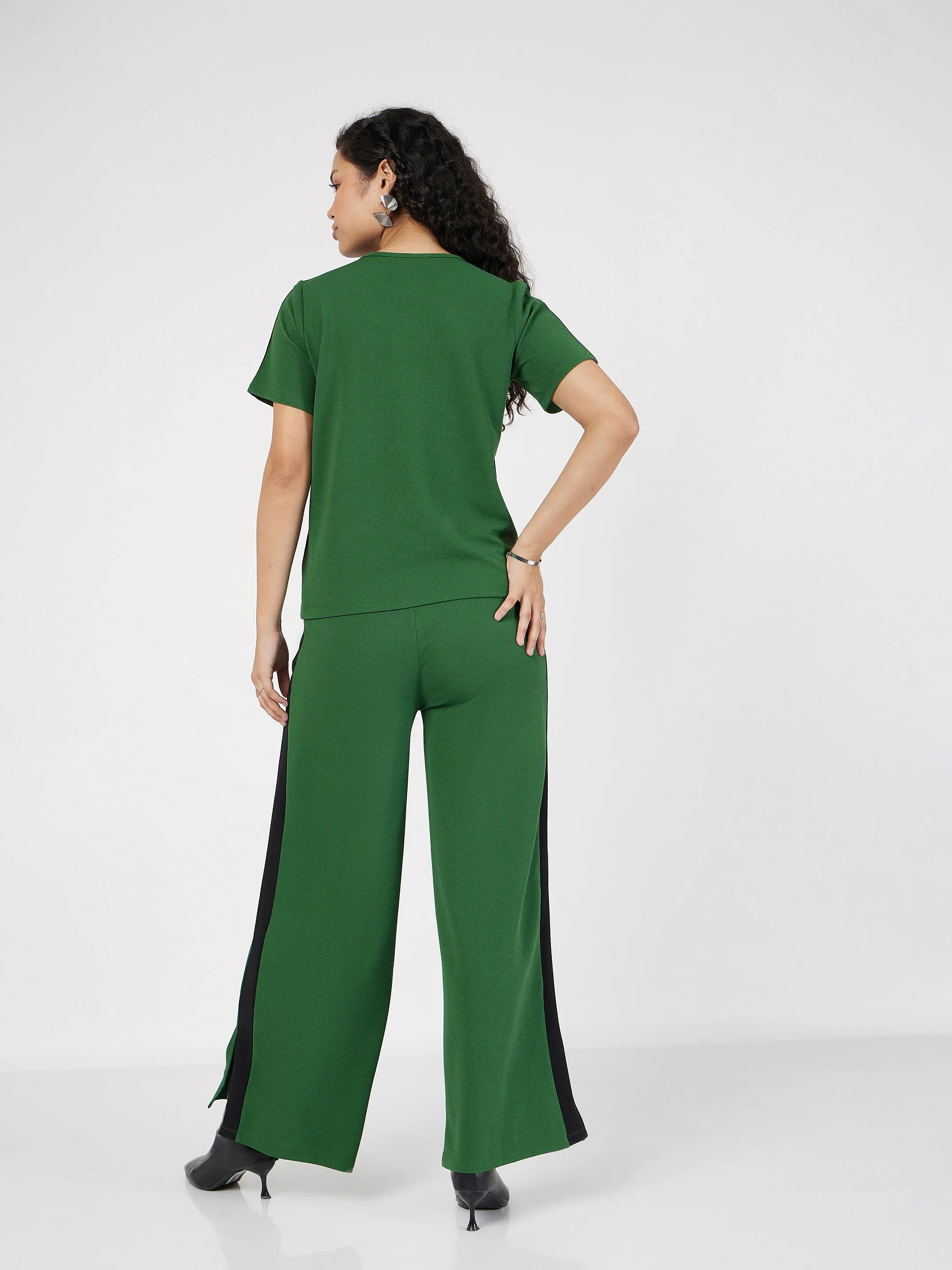 Women Green Contrast Tape T-shirt With Track Pants