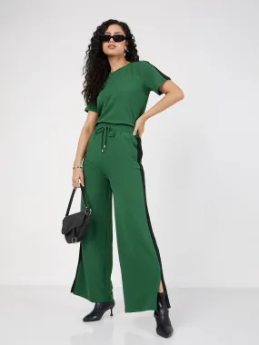 Women Green Contrast Tape T-shirt With Track Pants