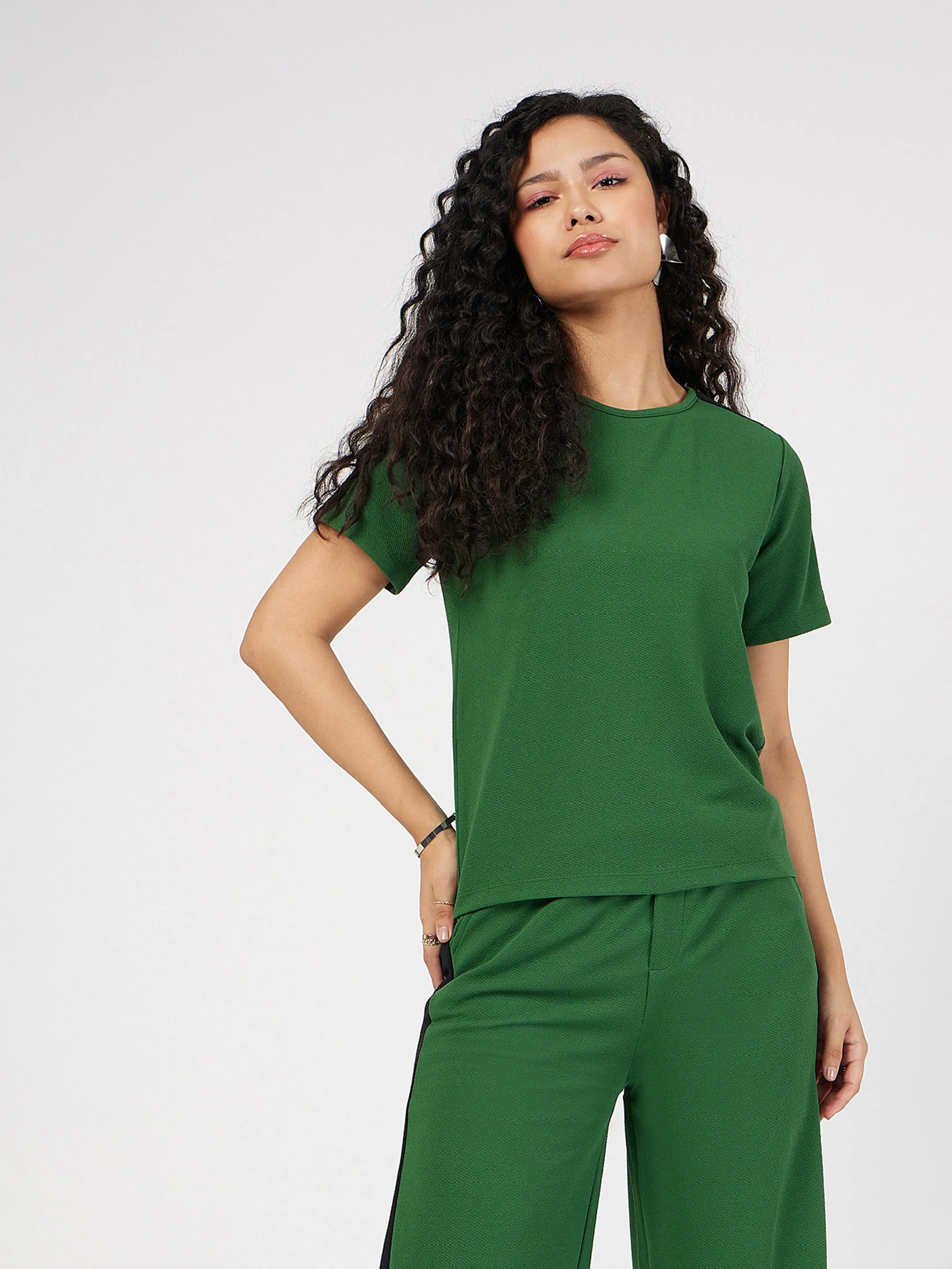 Women Green Contrast Tape T-shirt With Track Pants