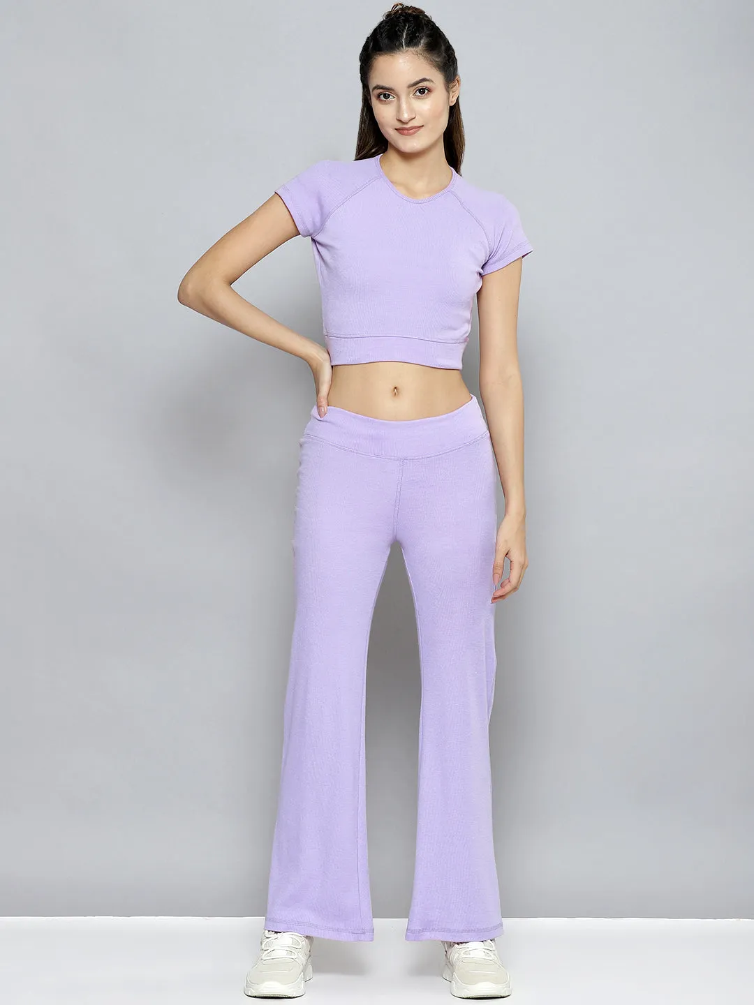 Women Lavender Rib Active Crop Top With Bootleg Pants