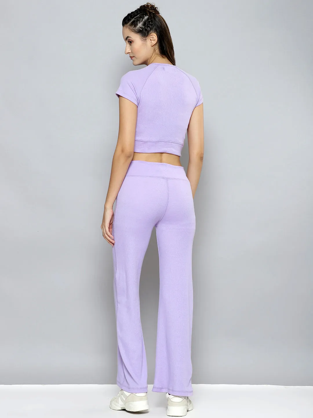 Women Lavender Rib Active Crop Top With Bootleg Pants