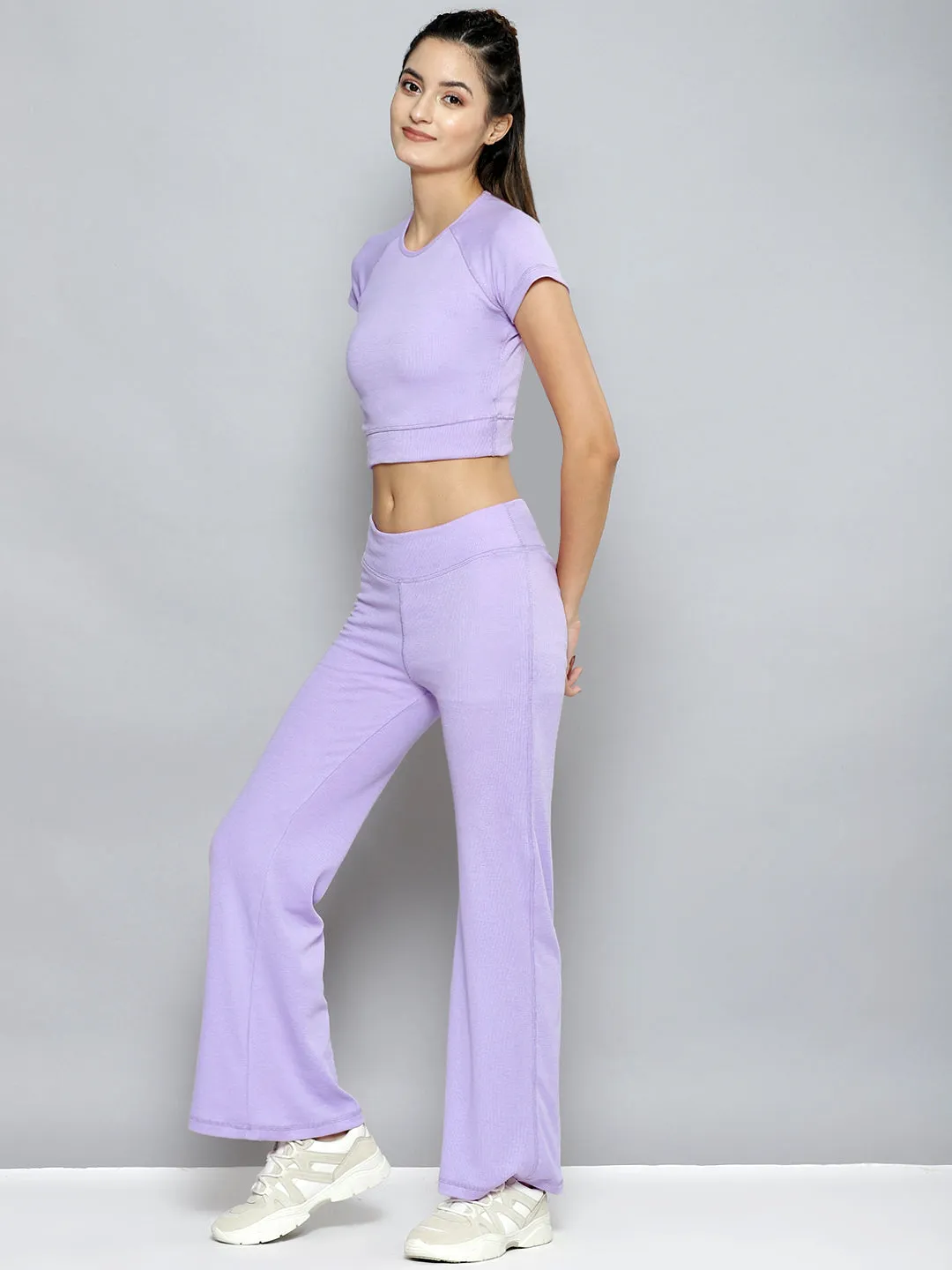 Women Lavender Rib Active Crop Top With Bootleg Pants