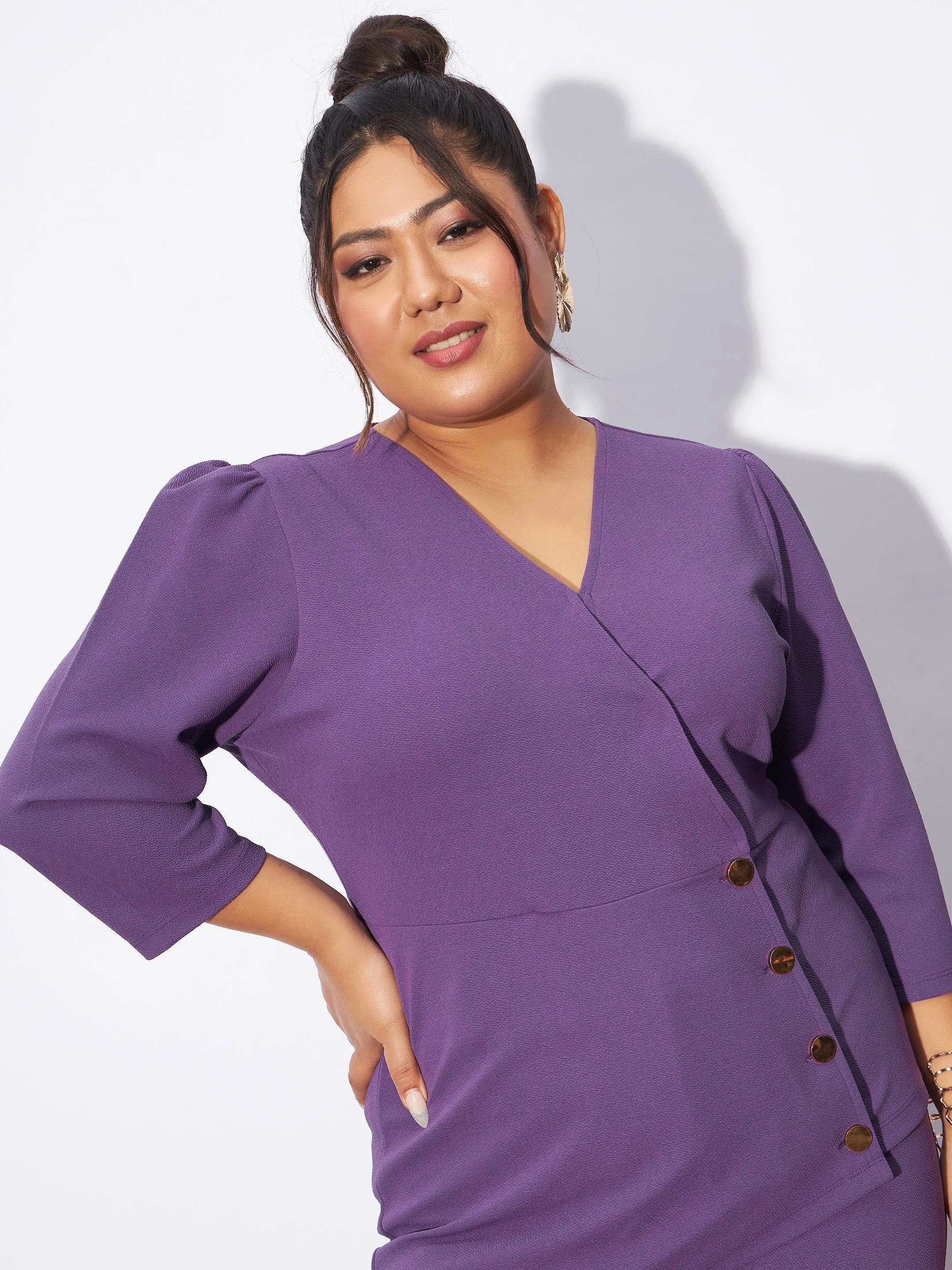 Women Lilac Wrap Top With Kick Pleat Pants