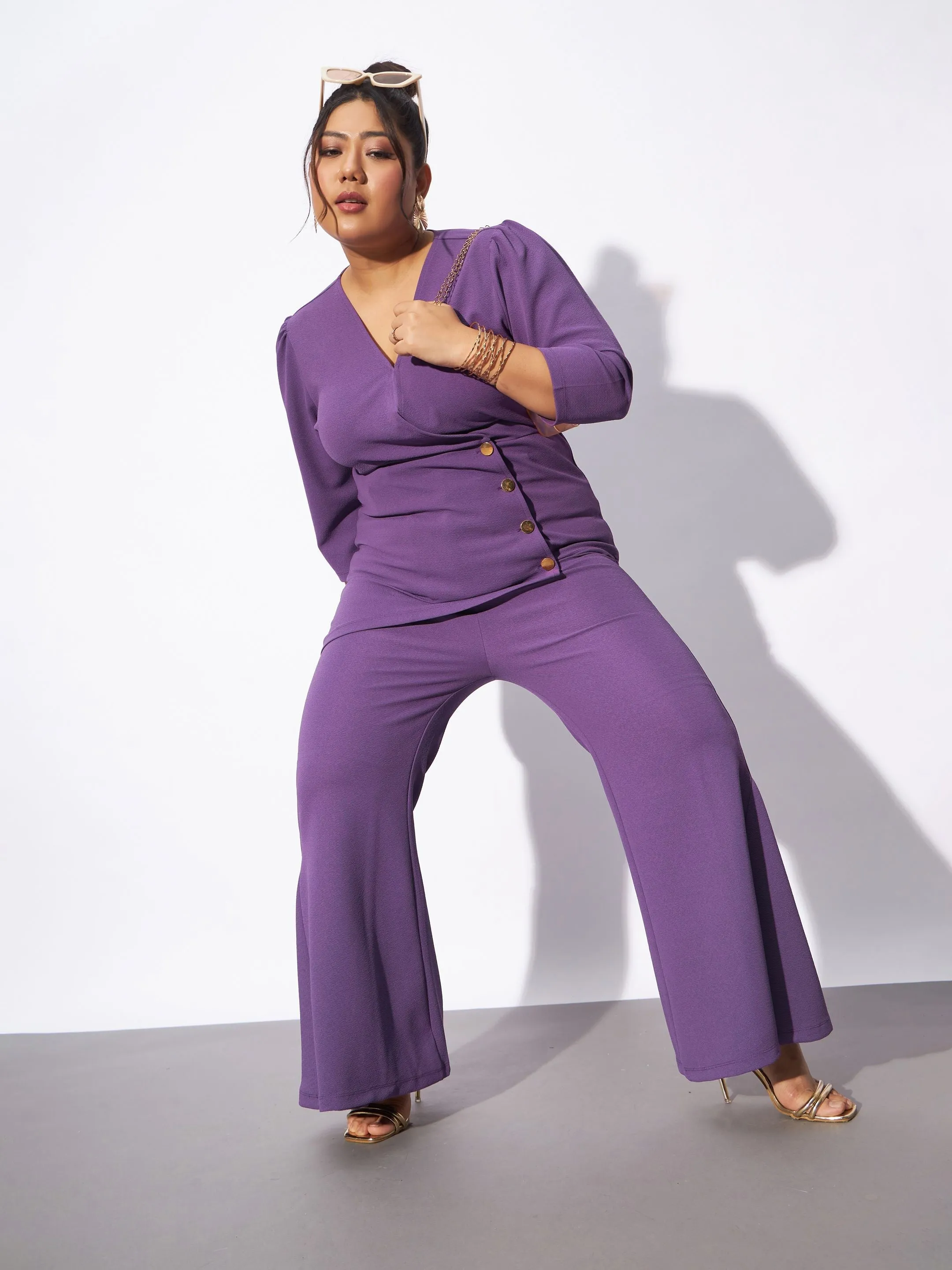 Women Lilac Wrap Top With Kick Pleat Pants