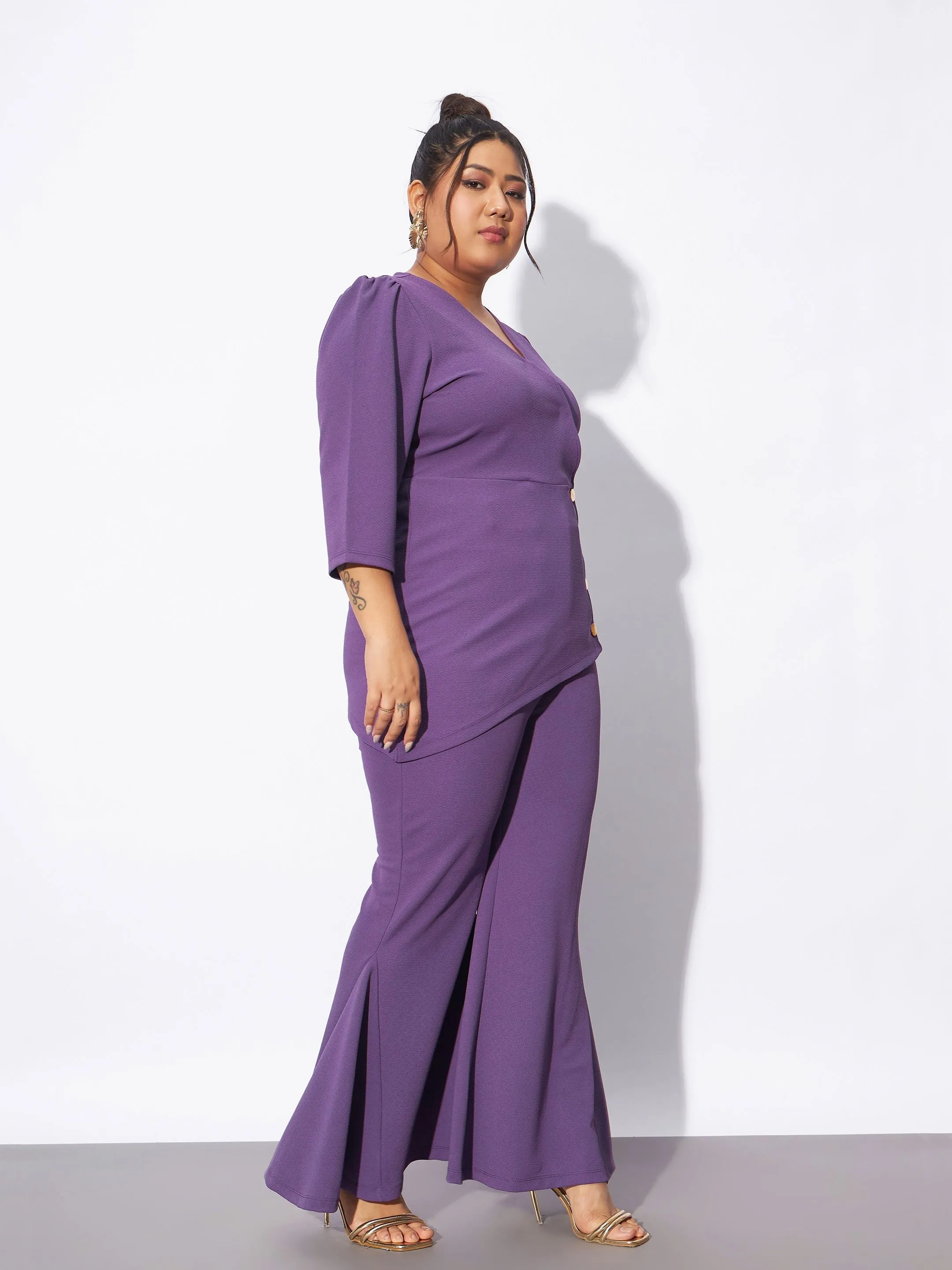 Women Lilac Wrap Top With Kick Pleat Pants