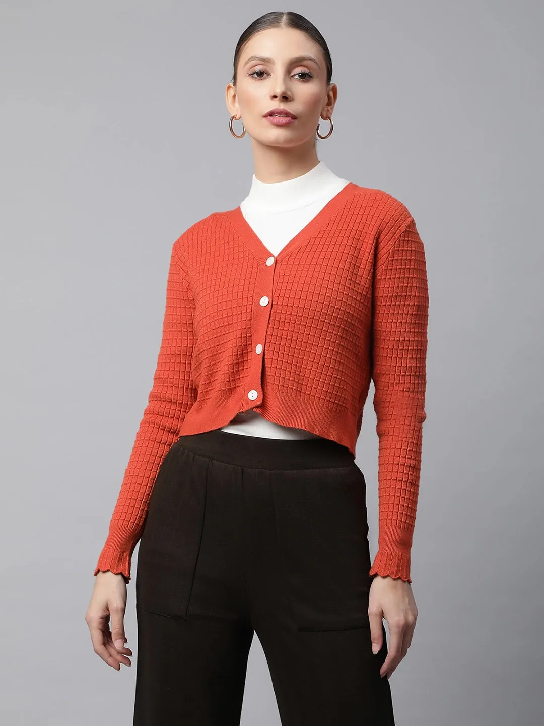 Women Rust Jacquard Crop Regular Fit Cardigan