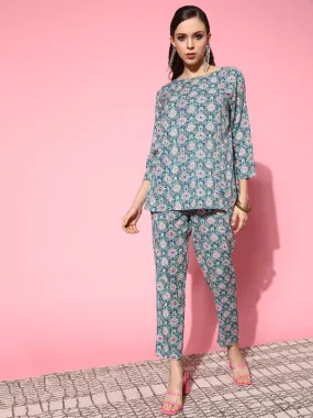 Women Teal Floral A Line Top With Pencil Pants