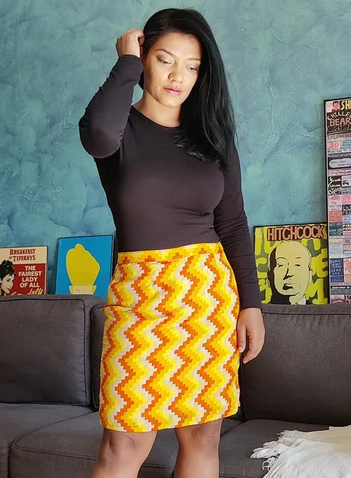 Yellow Chevron Printed Cotton Pencil Skirt