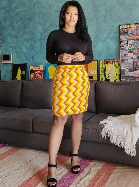 Yellow Chevron Printed Cotton Pencil Skirt