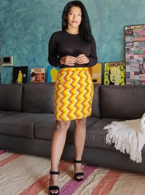 Yellow Chevron Printed Cotton Pencil Skirt